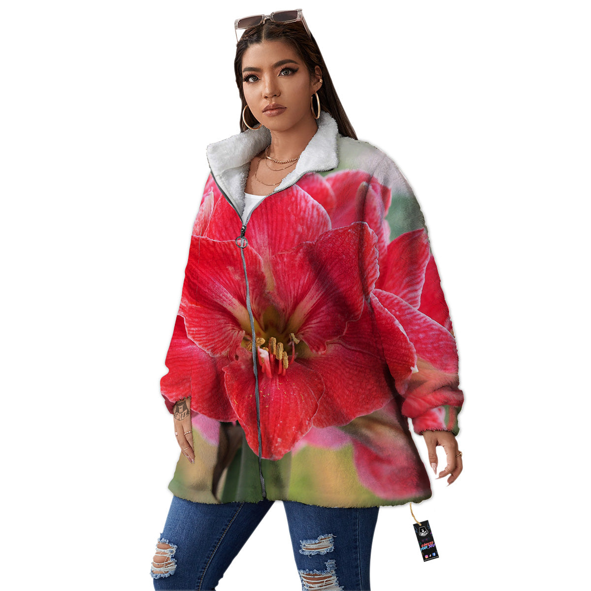 Fresh Amaryllis Print Women's Sherpa Jacket-grizzshop