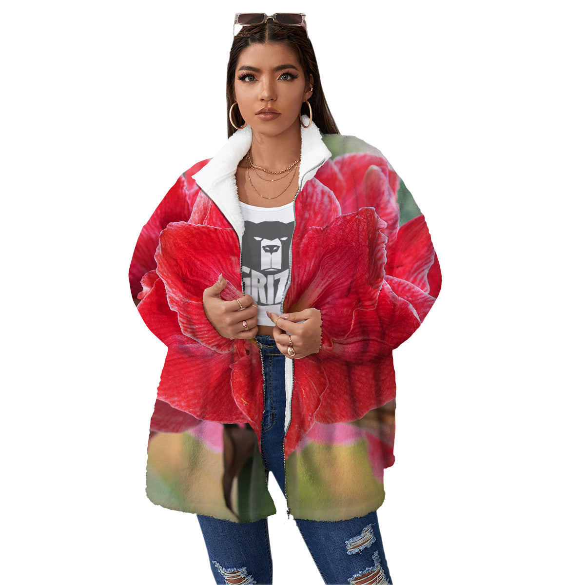 Fresh Amaryllis Print Women's Sherpa Jacket-grizzshop