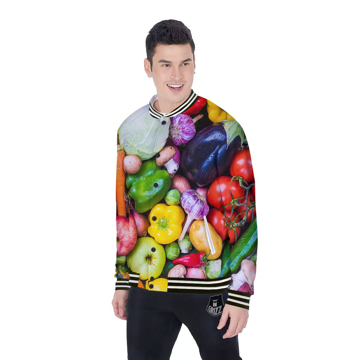 Fresh Green Fruit And Vegetables Print Baseball Jacket-grizzshop