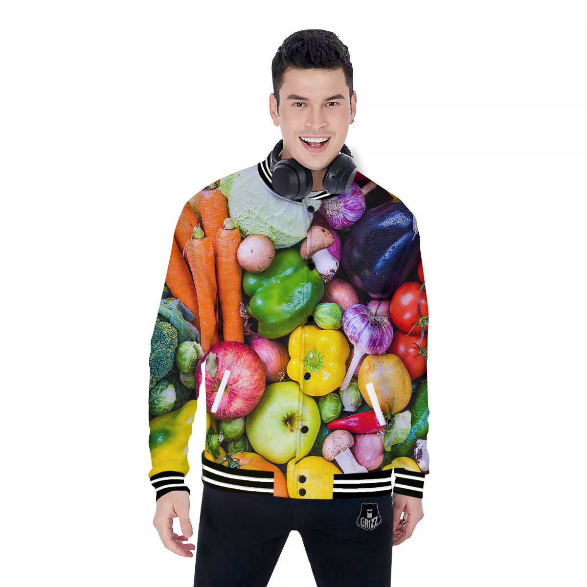 Fresh Green Fruit And Vegetables Print Baseball Jacket-grizzshop