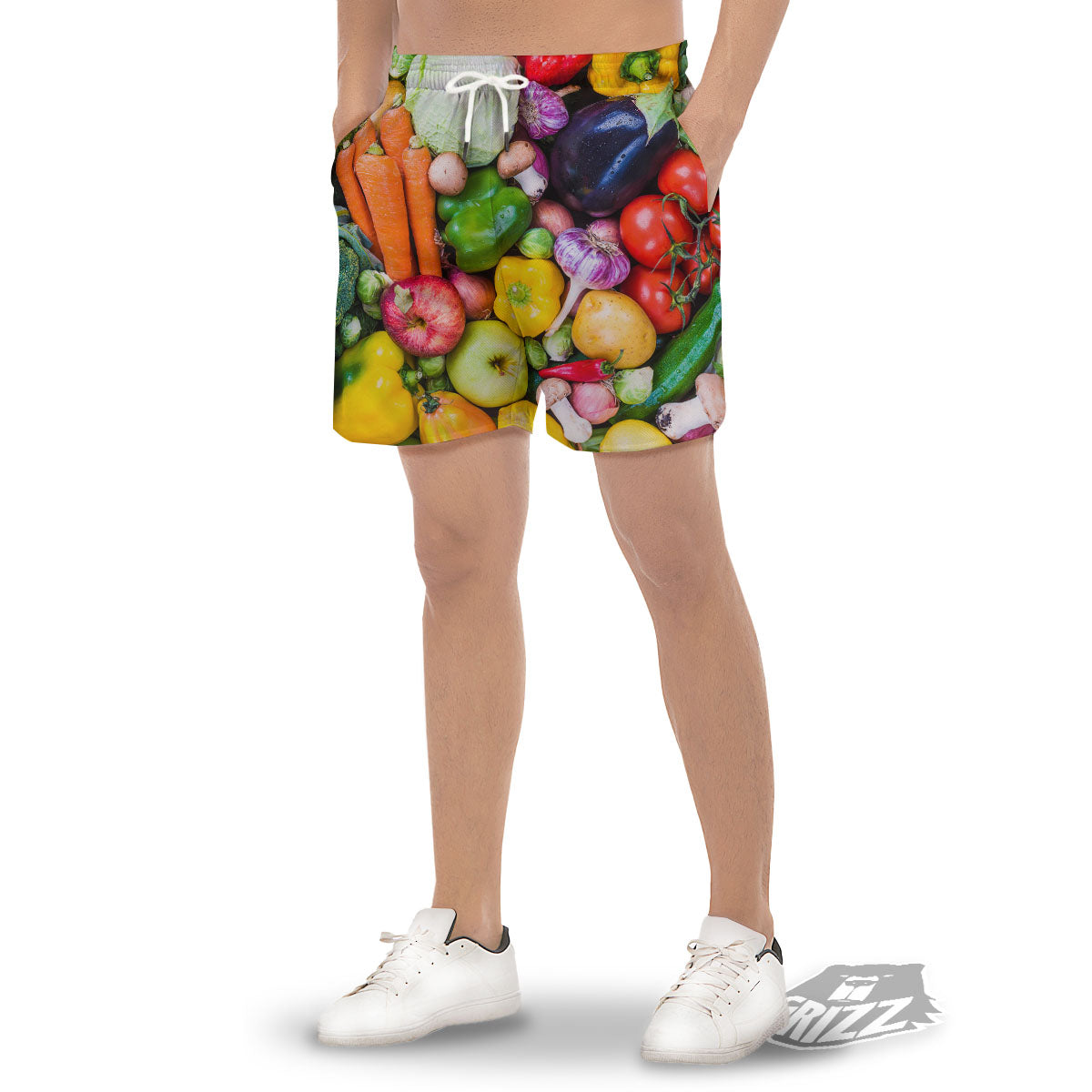 Fresh Green Fruit And Vegetables Print Men's Gym Shorts-grizzshop