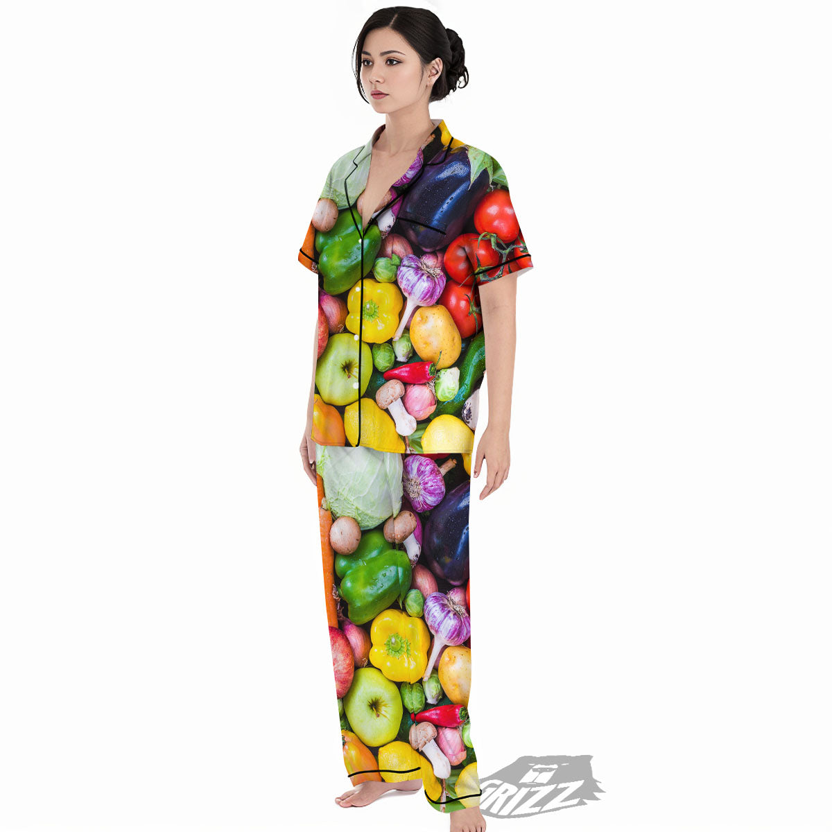Fresh Green Fruit And Vegetables Print Women's Pajamas Set-grizzshop
