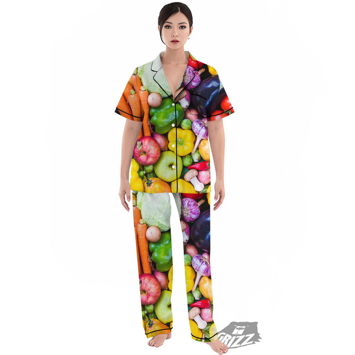 Fresh Green Fruit And Vegetables Print Women's Pajamas Set-grizzshop