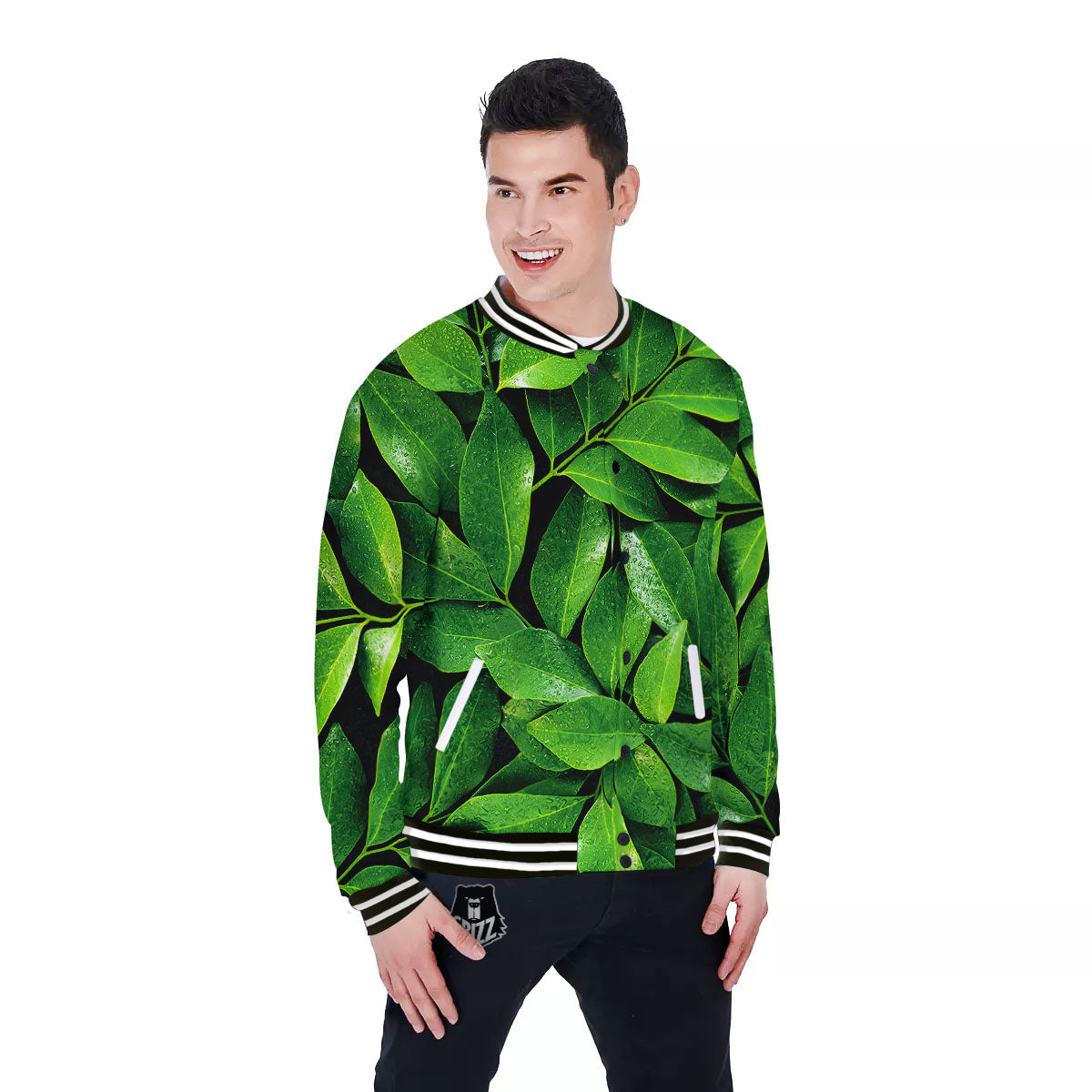 Fresh Leaf Green Print Baseball Jacket-grizzshop