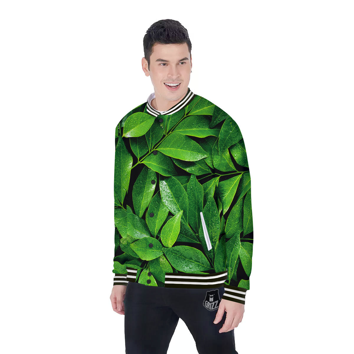 Fresh Leaf Green Print Baseball Jacket-grizzshop