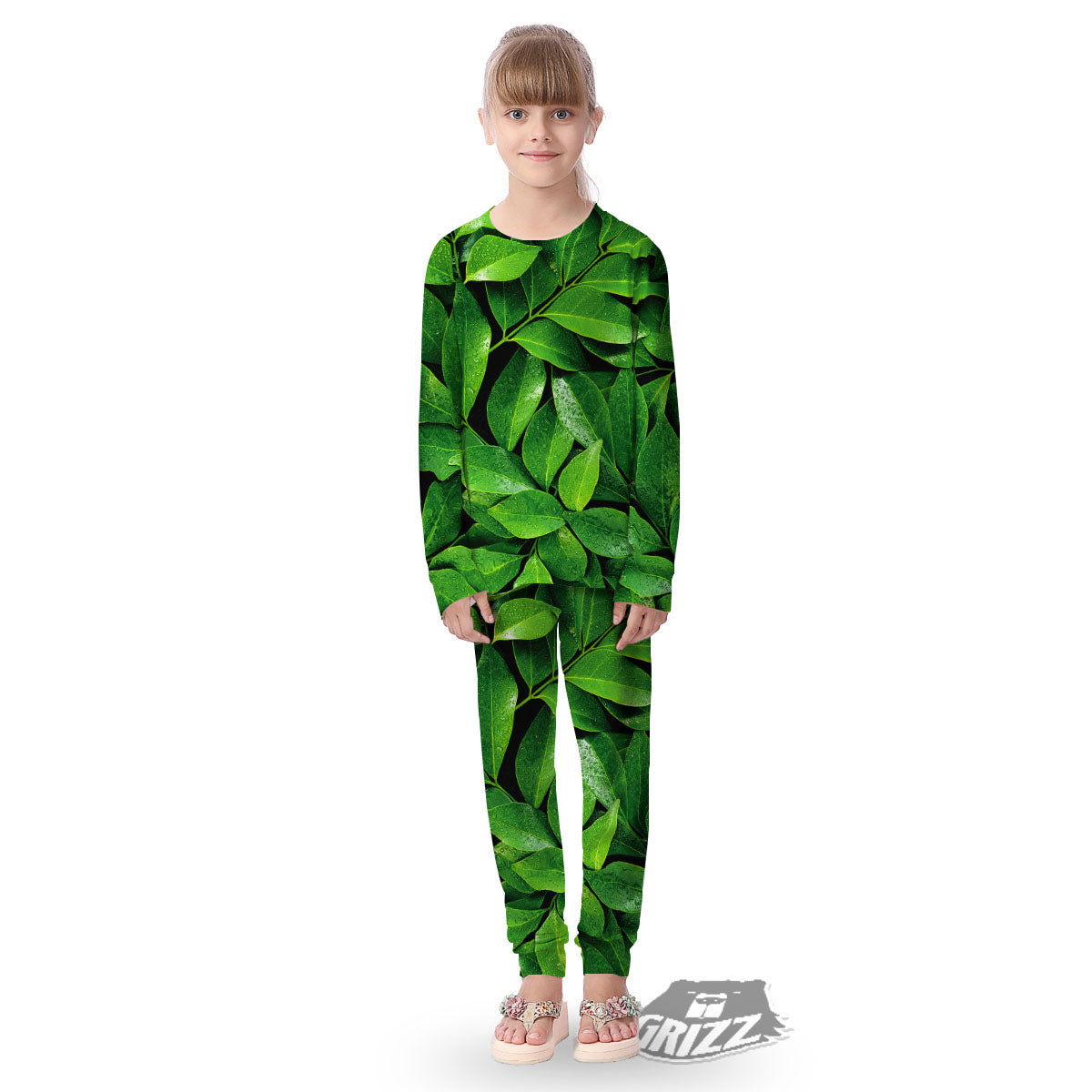 Fresh Leaf Green Print Kid's Pajamas-grizzshop