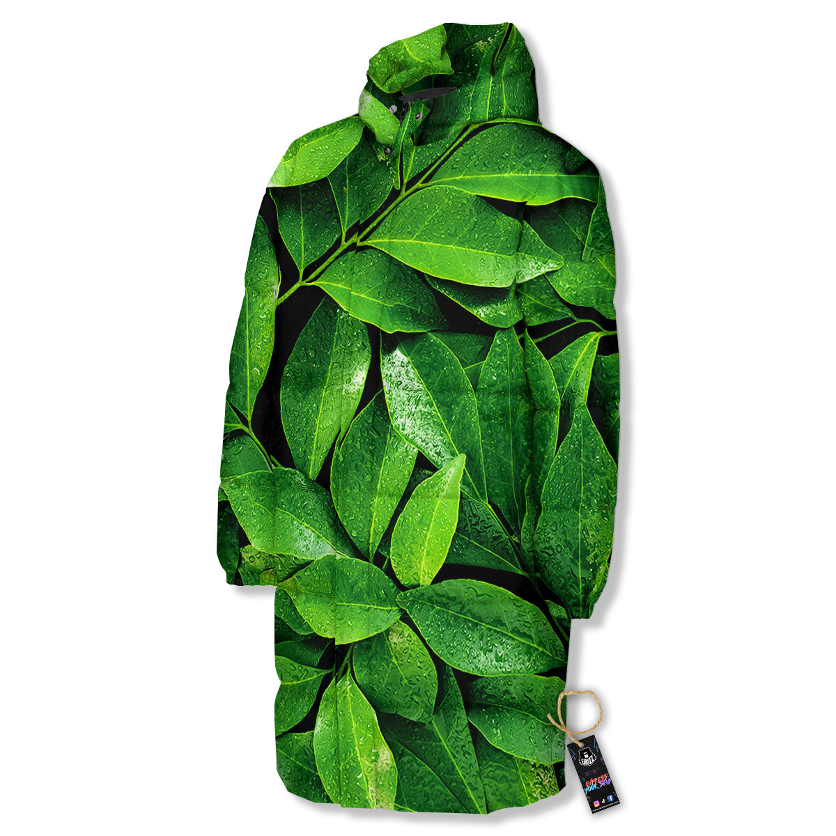 Fresh Leaf Green Print Long Down Jacket-grizzshop