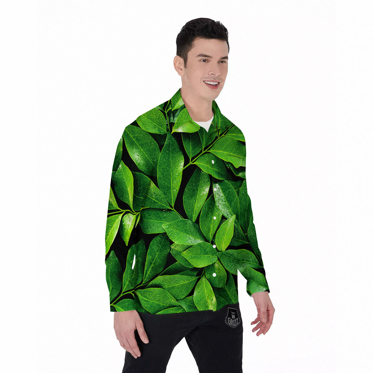Fresh Leaf Green Print Men's Long Sleeve Shirts-grizzshop