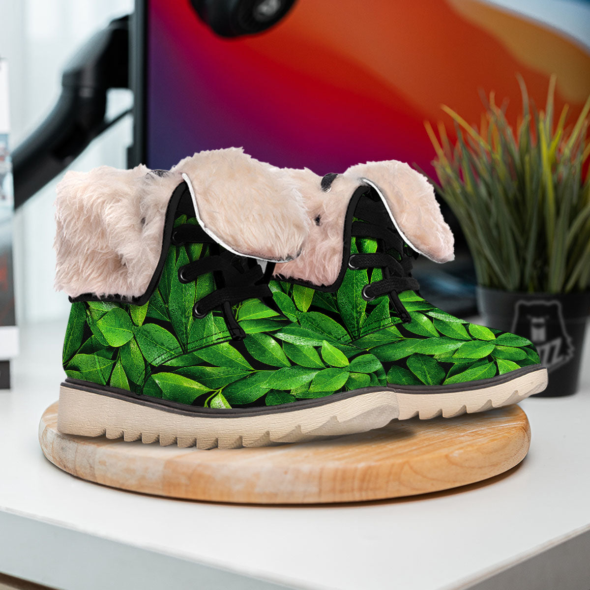 Fresh Leaf Green Print Snow Boots-grizzshop