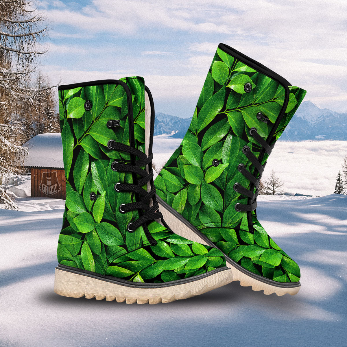 Fresh Leaf Green Print Snow Boots-grizzshop