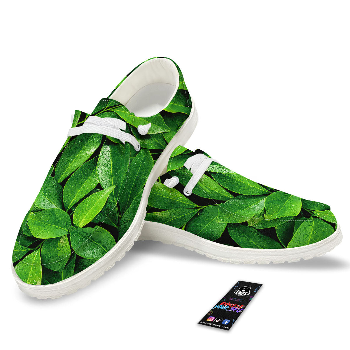 Fresh Leaf Green Print White Loafers-grizzshop