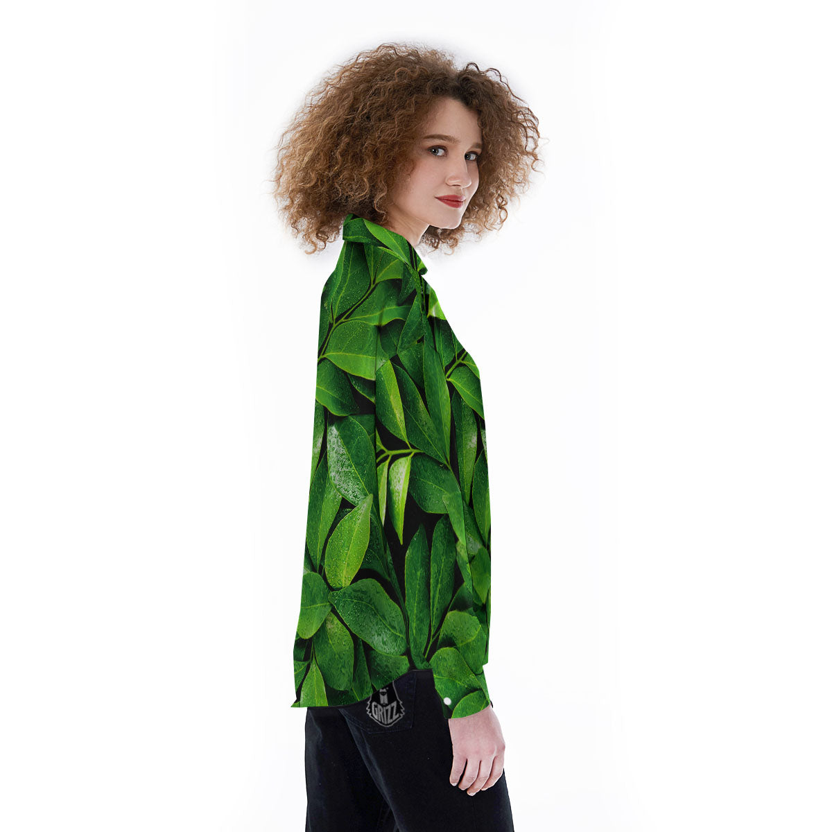 Fresh Leaf Green Print Women's Long Sleeve Shirts-grizzshop