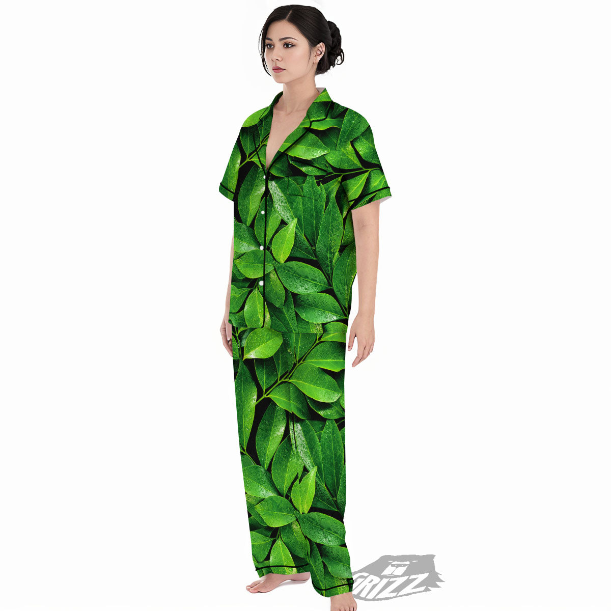 Fresh Leaf Green Print Women's Pajamas Set-grizzshop