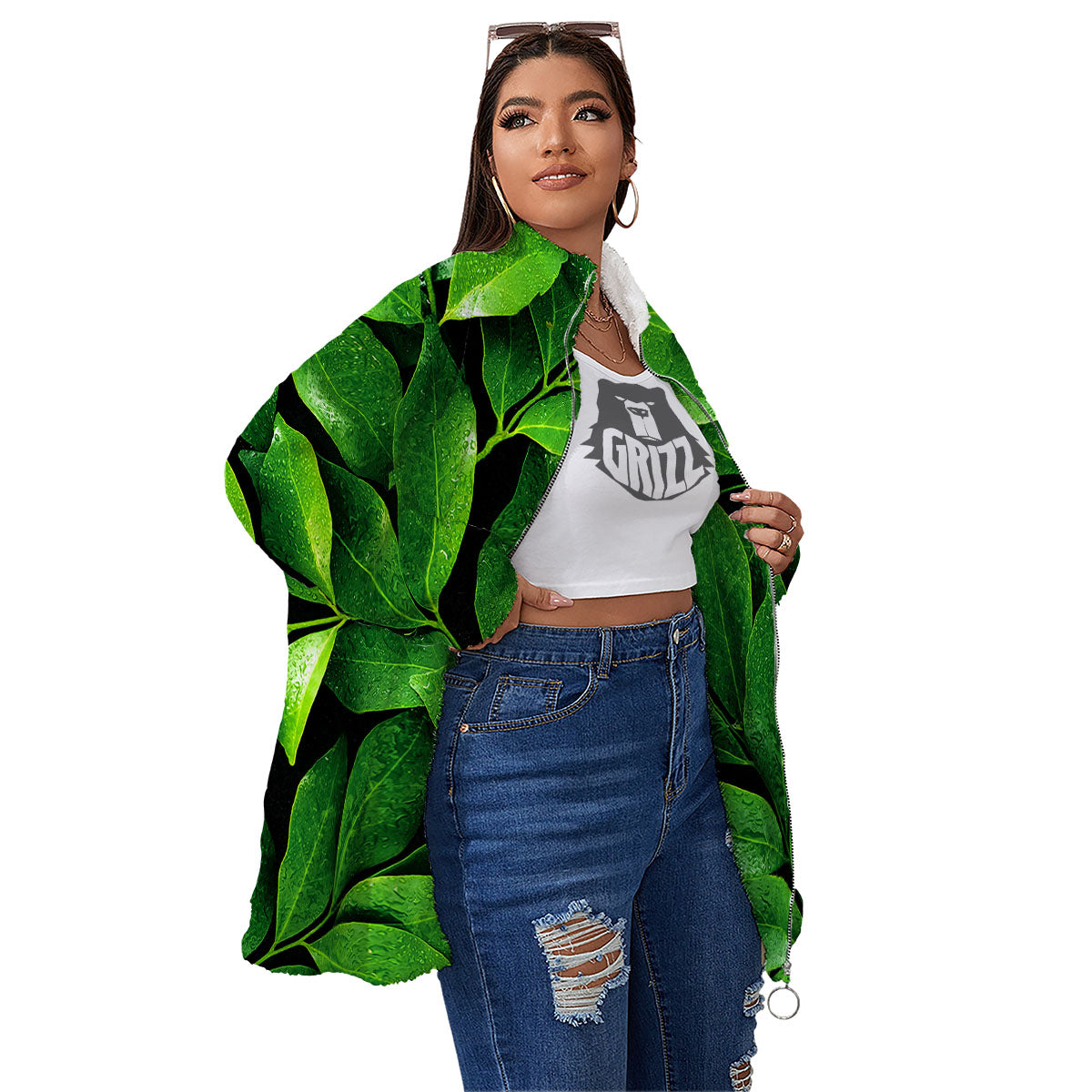 Fresh Leaf Green Print Women's Sherpa Jacket-grizzshop