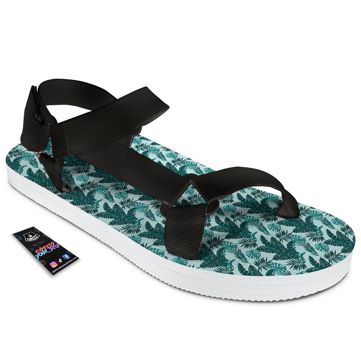 Fresh Leaf Tropical Print Black Open Toe Sandals-grizzshop