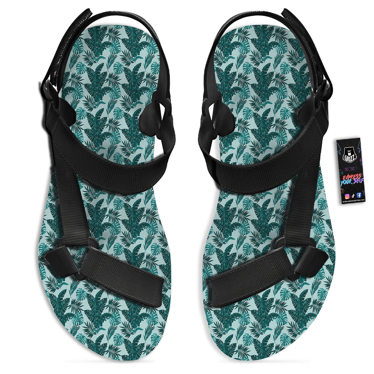 Fresh Leaf Tropical Print Black Open Toe Sandals-grizzshop