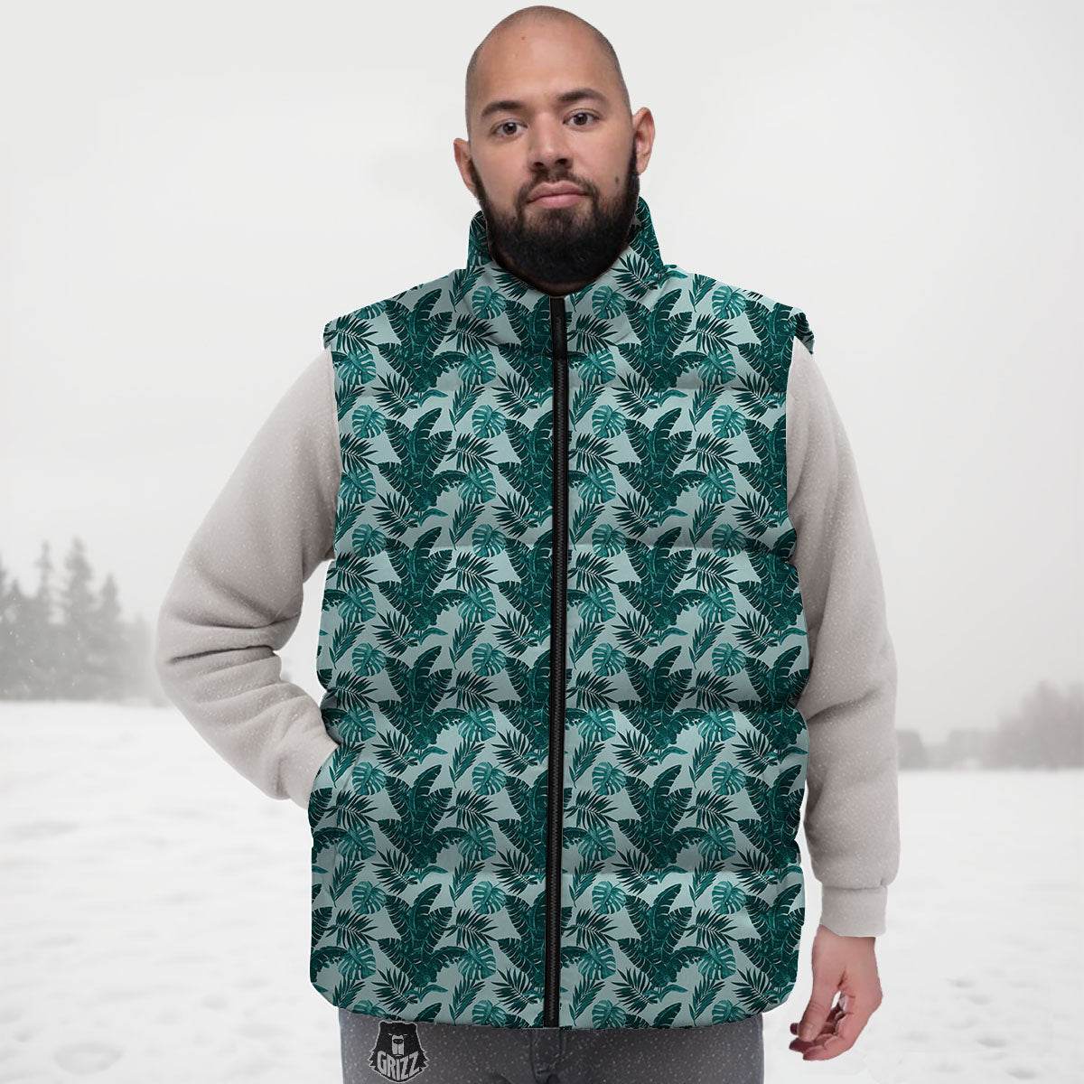 Fresh Leaf Tropical Print Down Vest