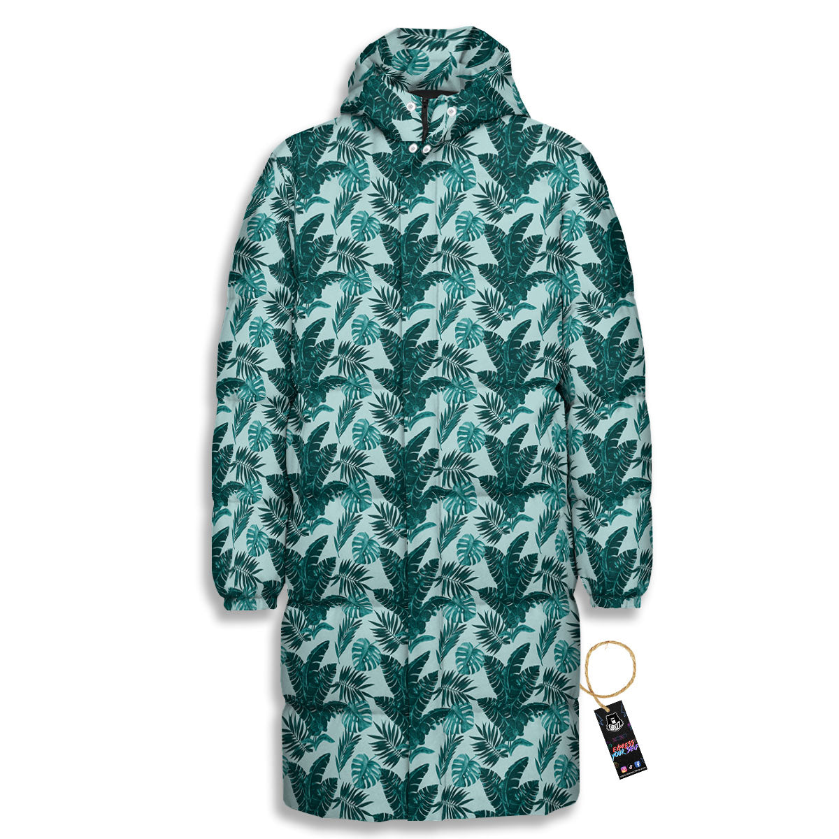 Fresh Leaf Tropical Print Long Down Jacket-grizzshop