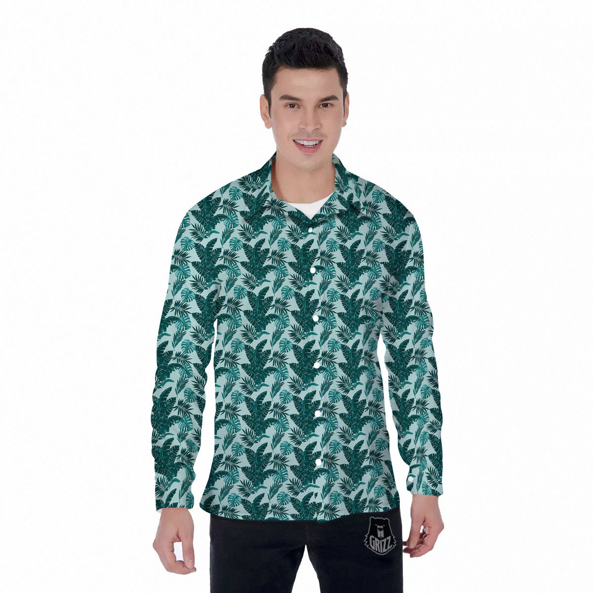 Fresh Leaf Tropical Print Men's Long Sleeve Shirts-grizzshop