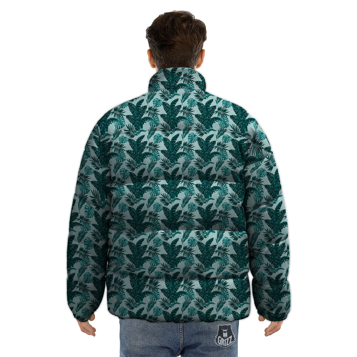 Fresh Leaf Tropical Print Puffer Jacket-grizzshop