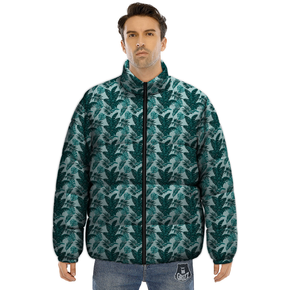 Fresh Leaf Tropical Print Puffer Jacket-grizzshop