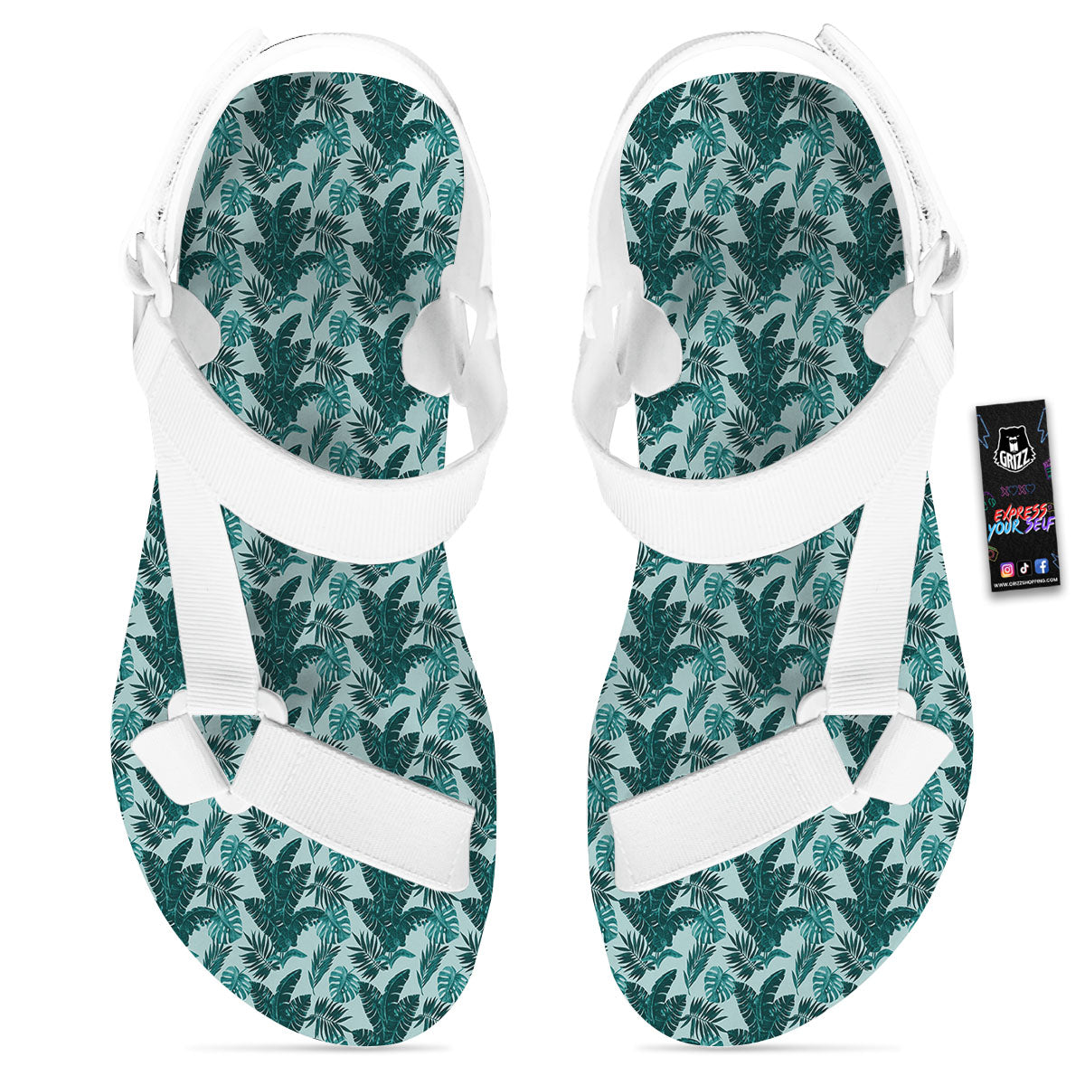 Fresh Leaf Tropical Print White Open Toe Sandals-grizzshop