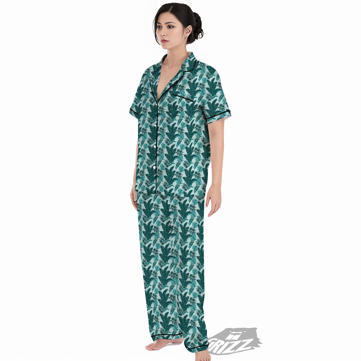 Fresh Leaf Tropical Print Women's Pajamas Set-grizzshop