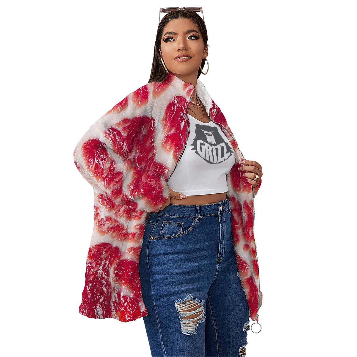 Fresh Meat Print Women's Sherpa Jacket-grizzshop