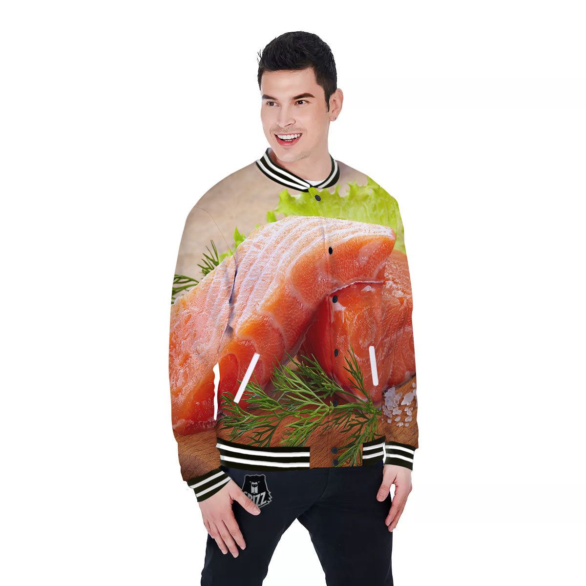 Fresh Salmon Print Baseball Jacket-grizzshop