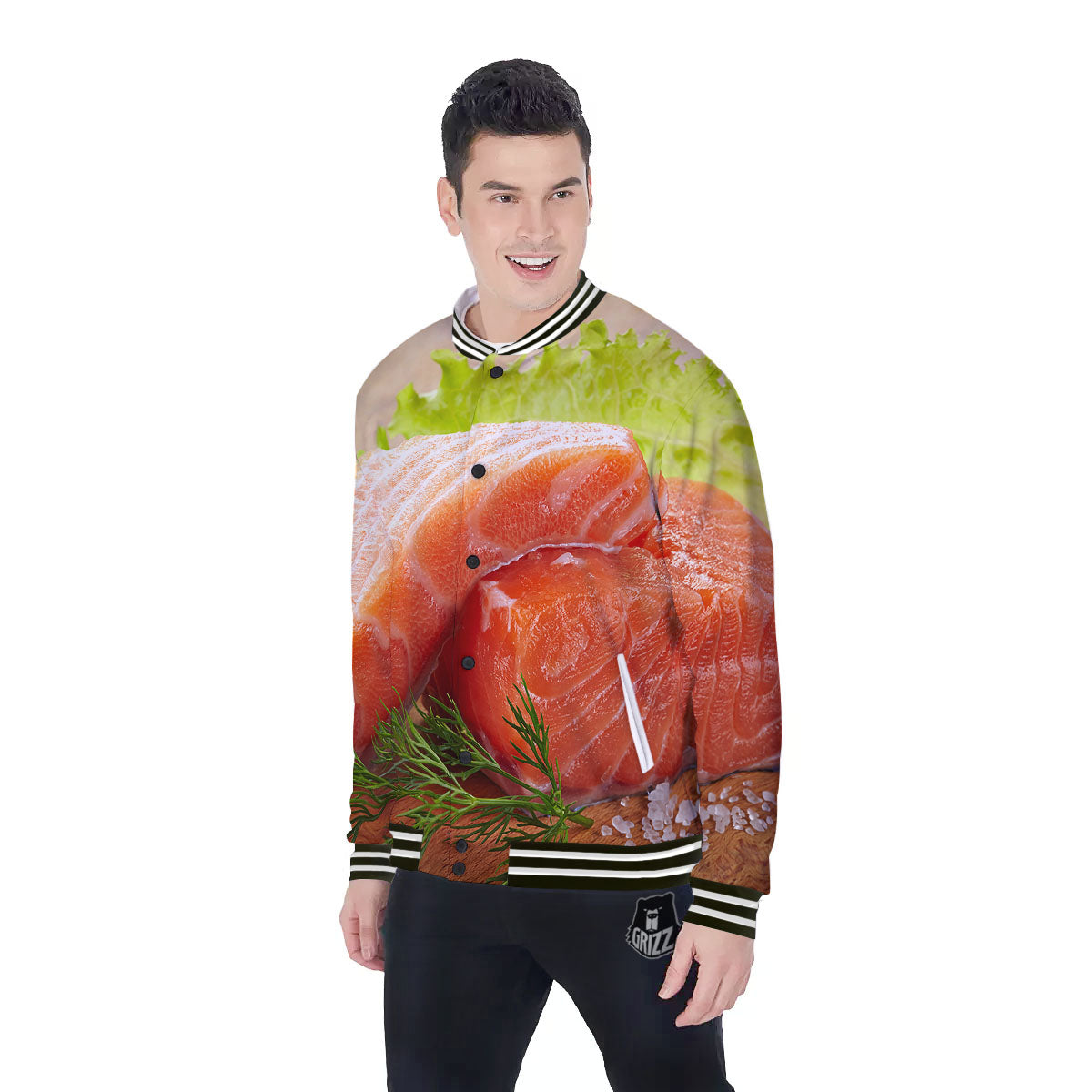 Fresh Salmon Print Baseball Jacket-grizzshop