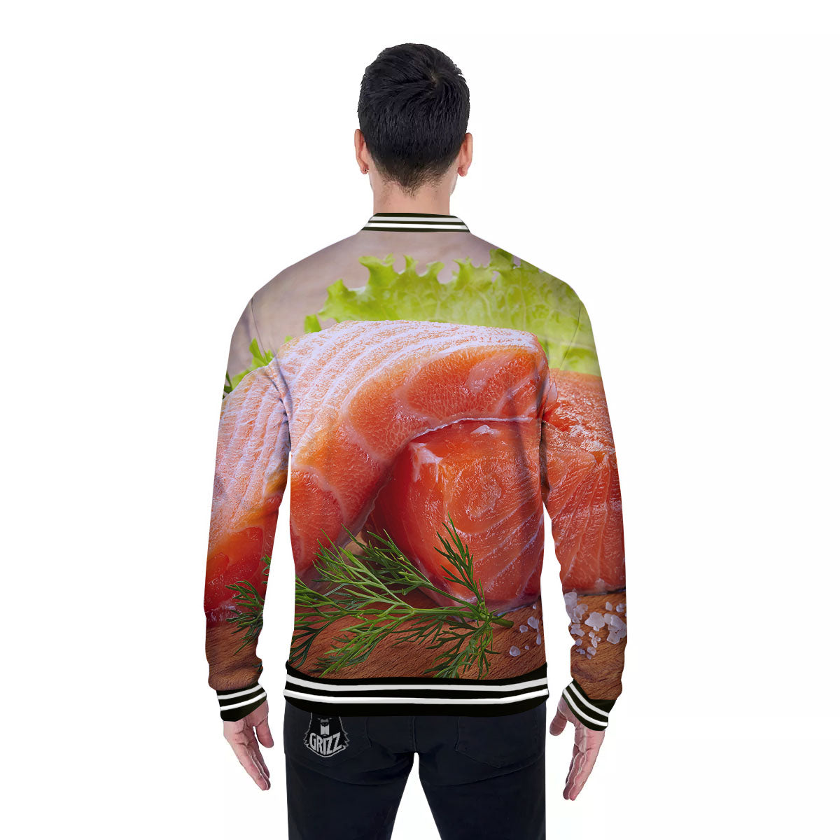 Fresh Salmon Print Baseball Jacket-grizzshop