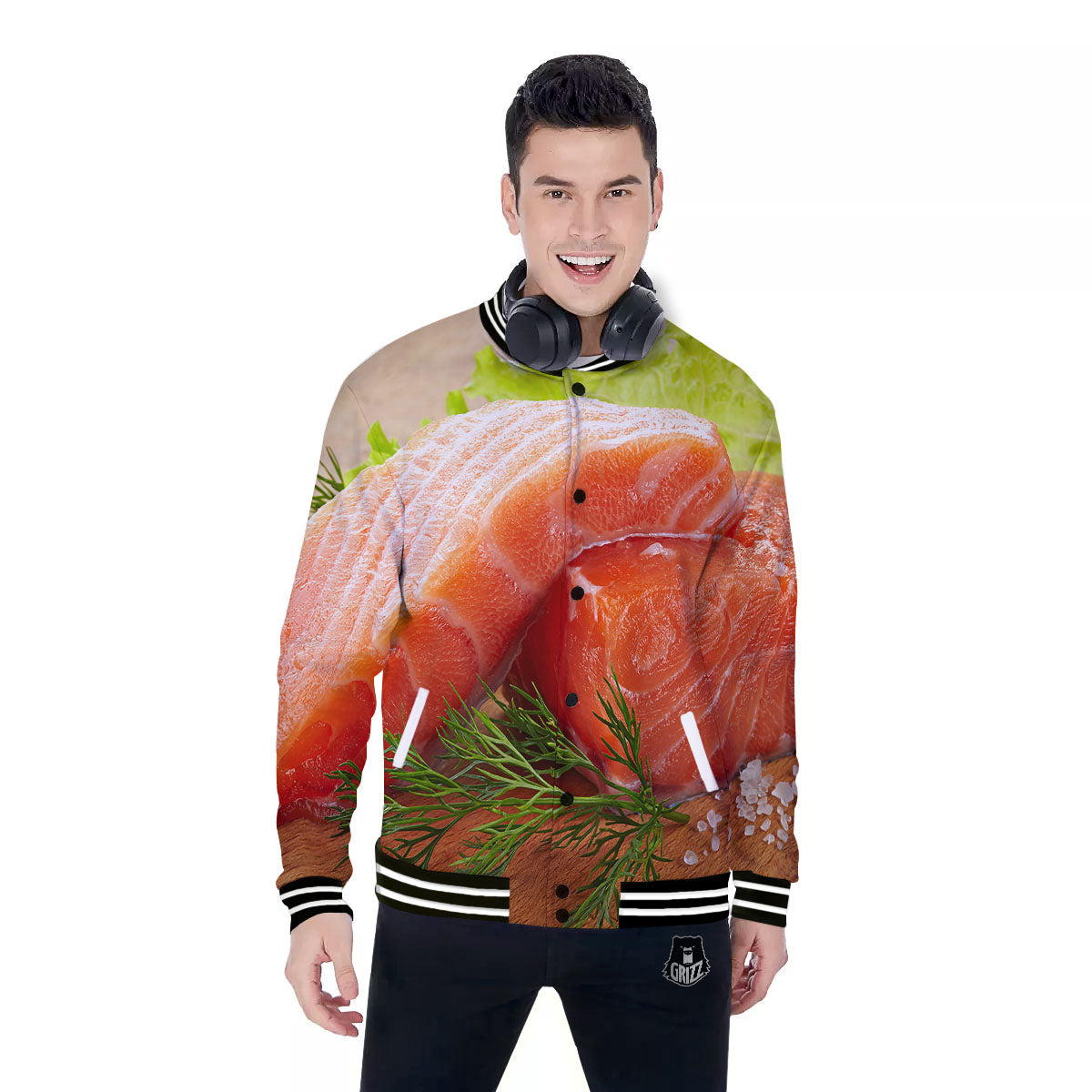 Fresh Salmon Print Baseball Jacket-grizzshop
