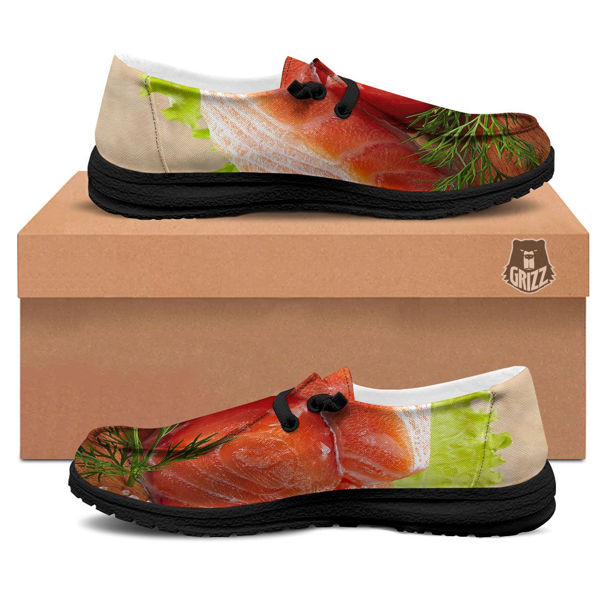 Fresh Salmon Print Black Loafers-grizzshop