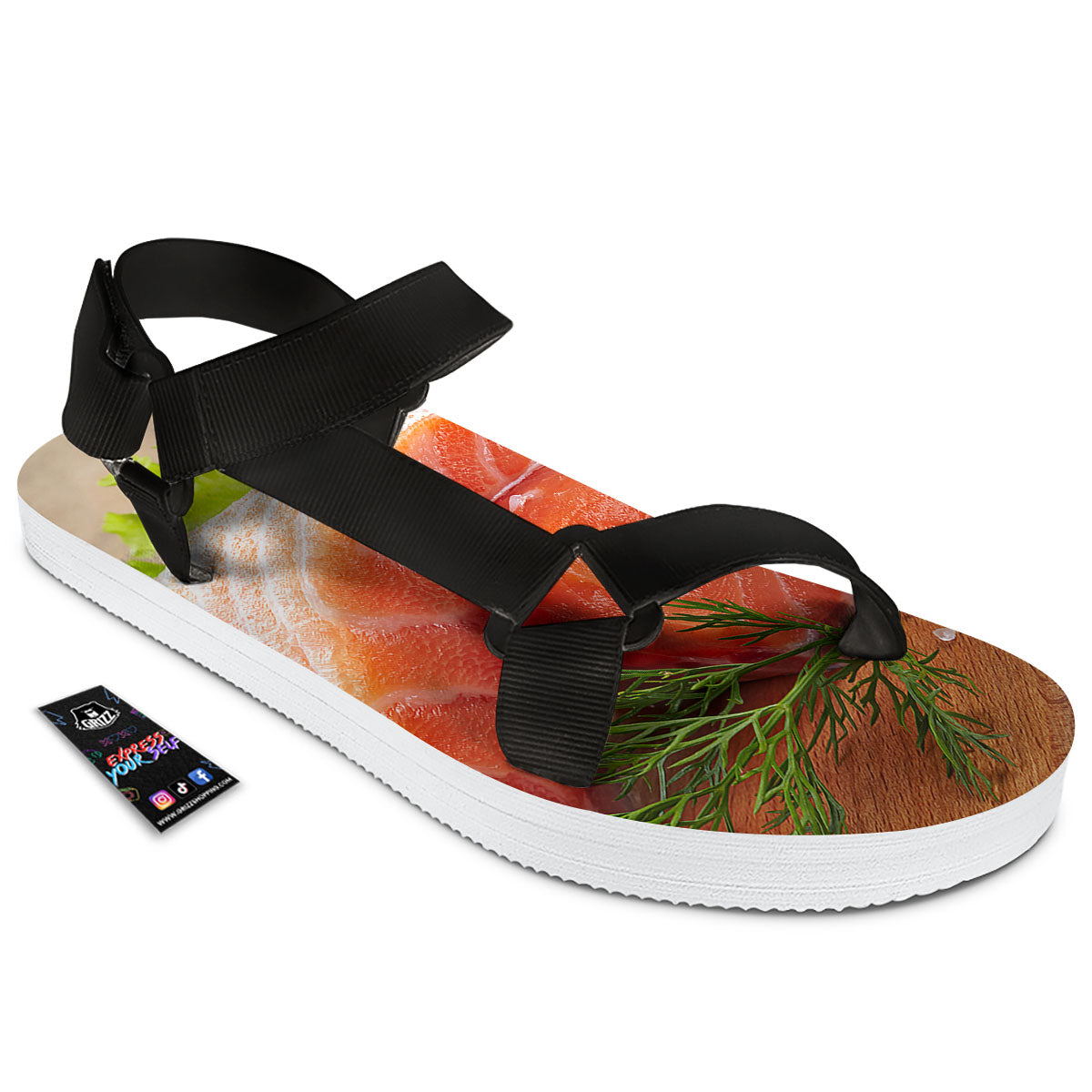 Fresh Salmon Print Black Open Toe Sandals-grizzshop