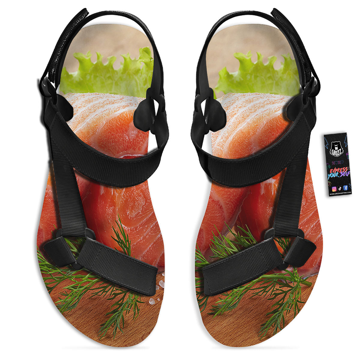 Fresh Salmon Print Black Open Toe Sandals-grizzshop