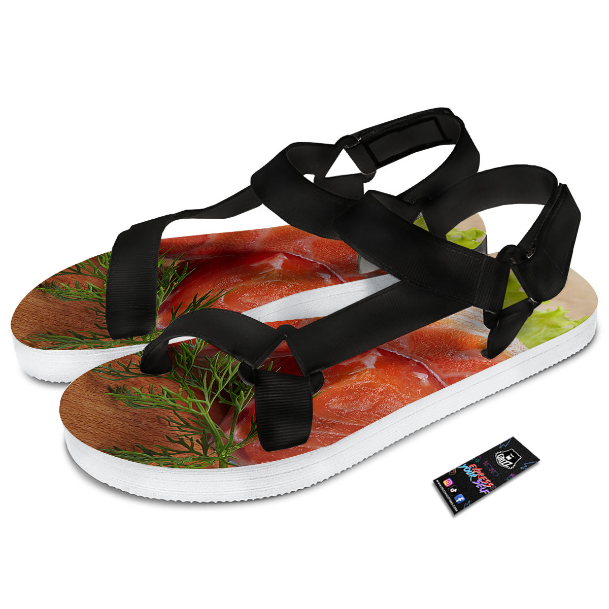 Fresh Salmon Print Black Open Toe Sandals-grizzshop