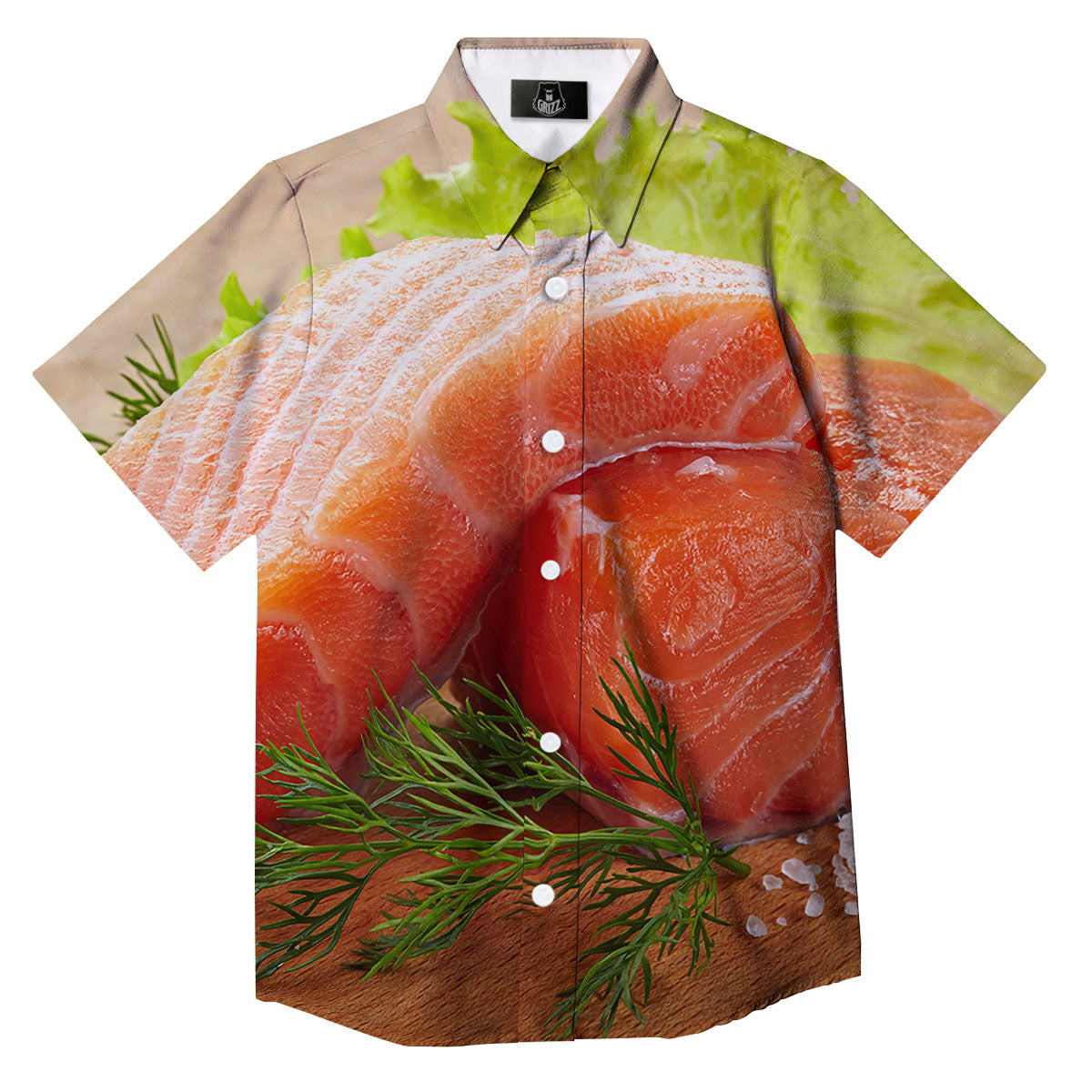 Fresh Salmon Print Button Up Shirt-grizzshop