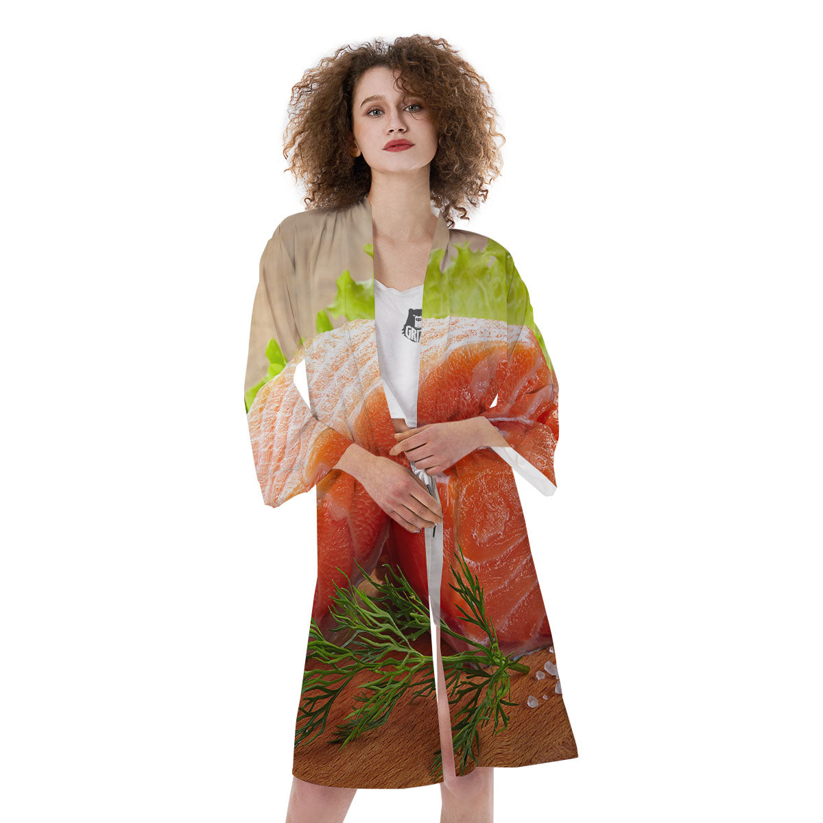 Fresh Salmon Print Kimono-grizzshop