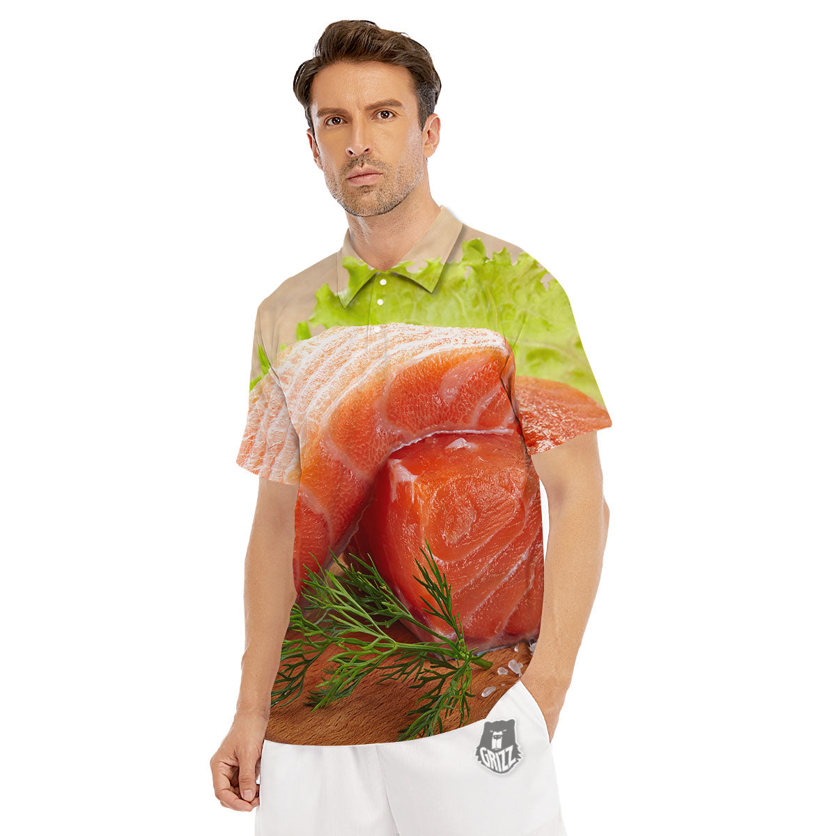 Fresh Salmon Print Men's Golf Shirts-grizzshop