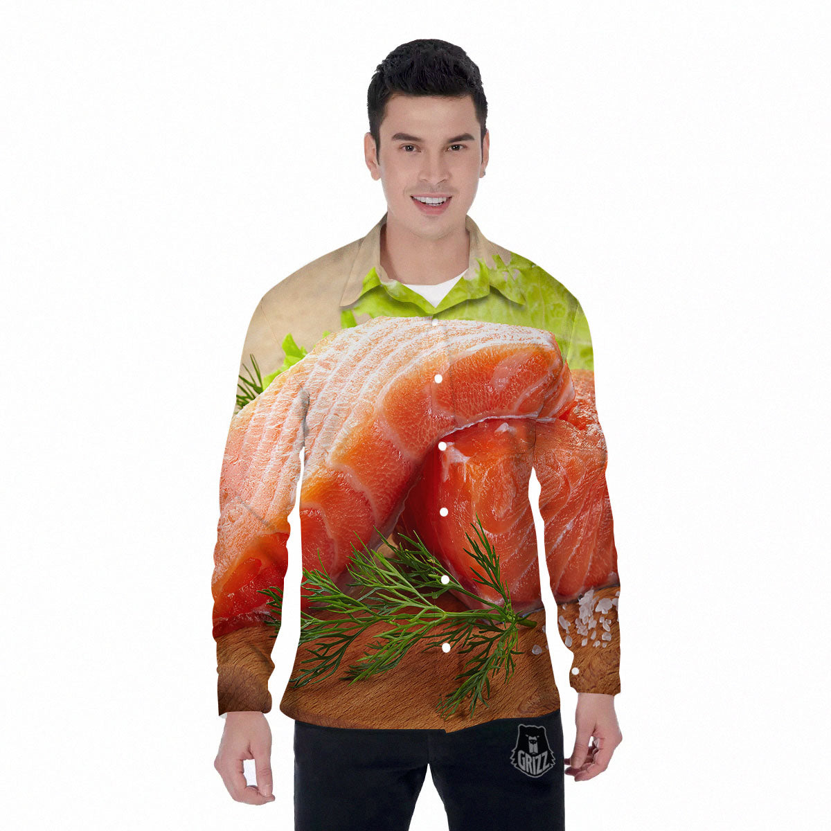 Fresh Salmon Print Men's Long Sleeve Shirts-grizzshop