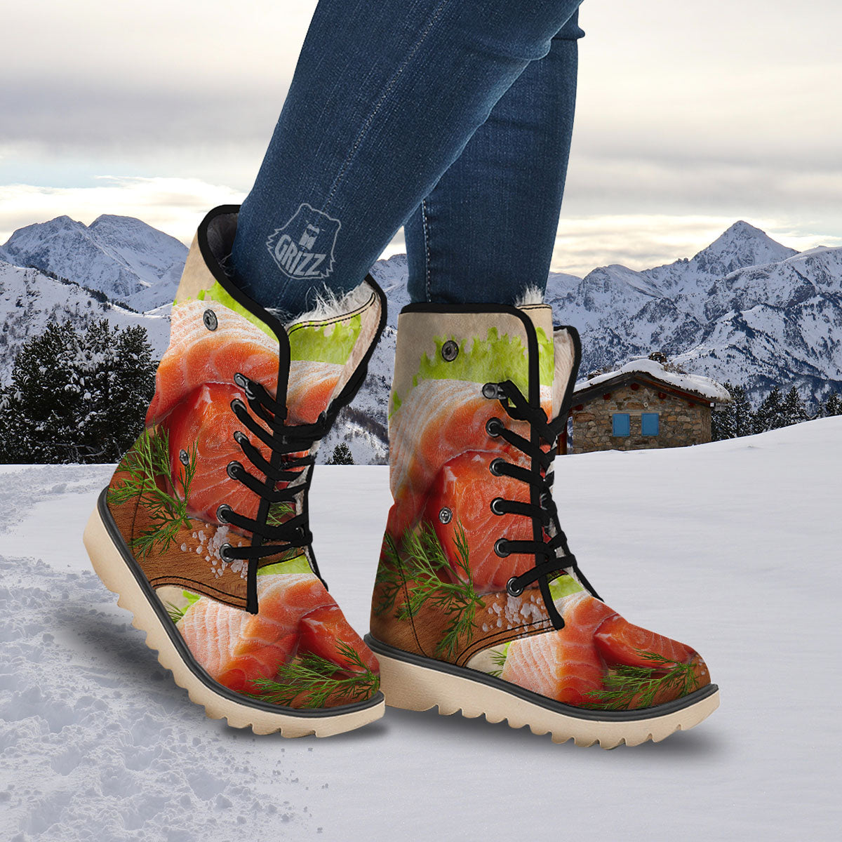 Fresh Salmon Print Snow Boots-grizzshop
