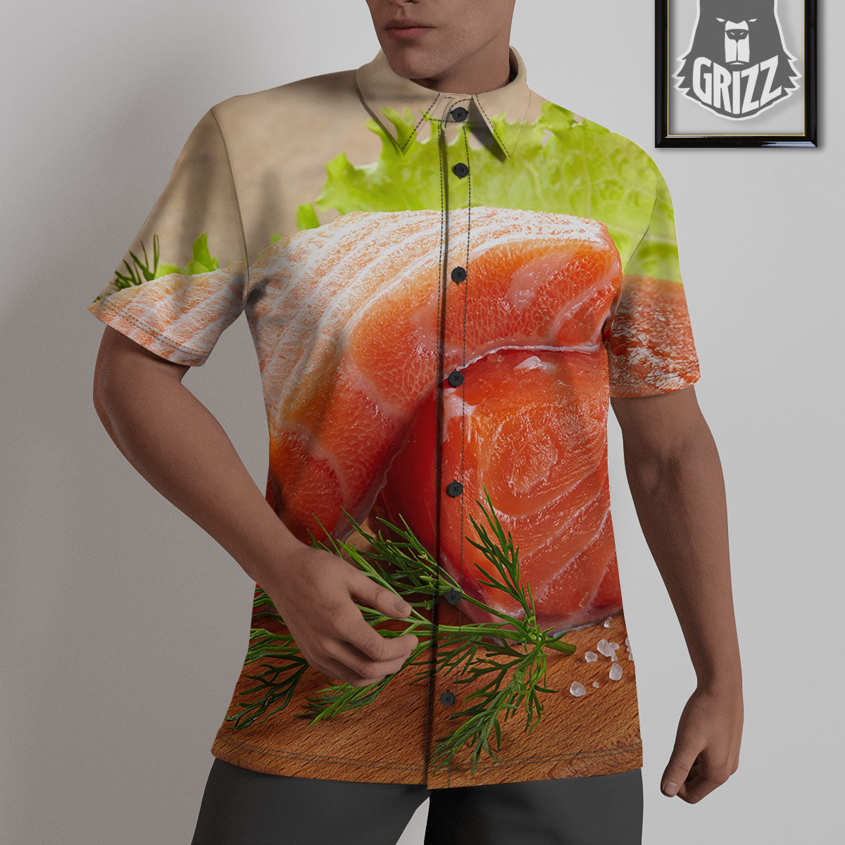 Fresh Salmon Print Untucked Shirts-grizzshop