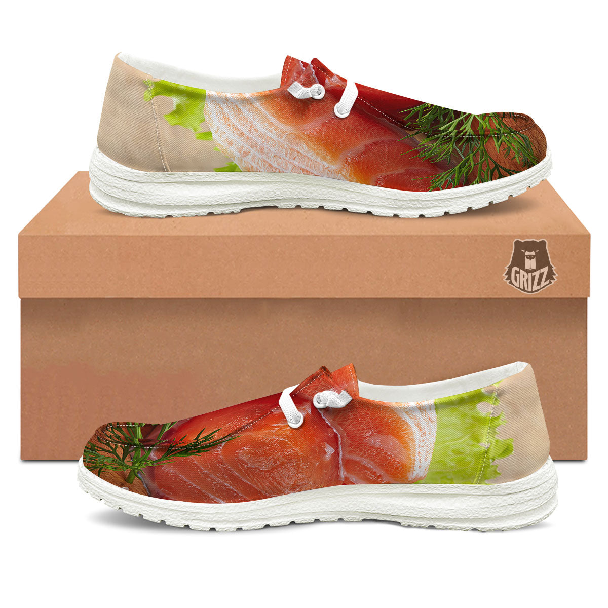Fresh Salmon Print White Loafers-grizzshop