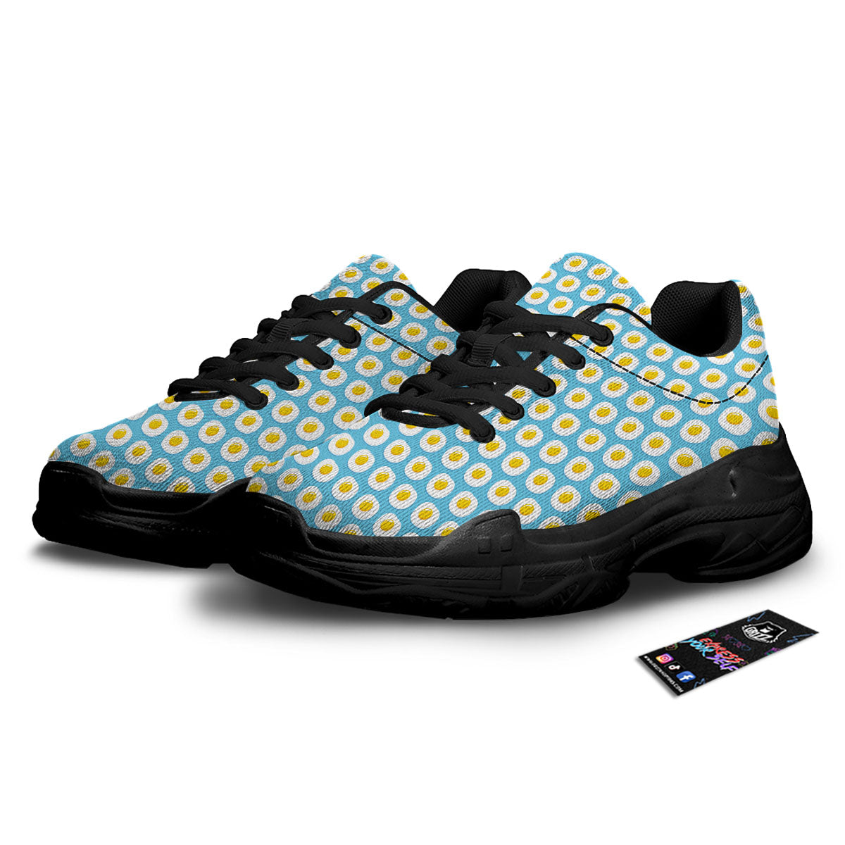 Fried Eggs Blue Print Pattern Black Chunky Shoes-grizzshop