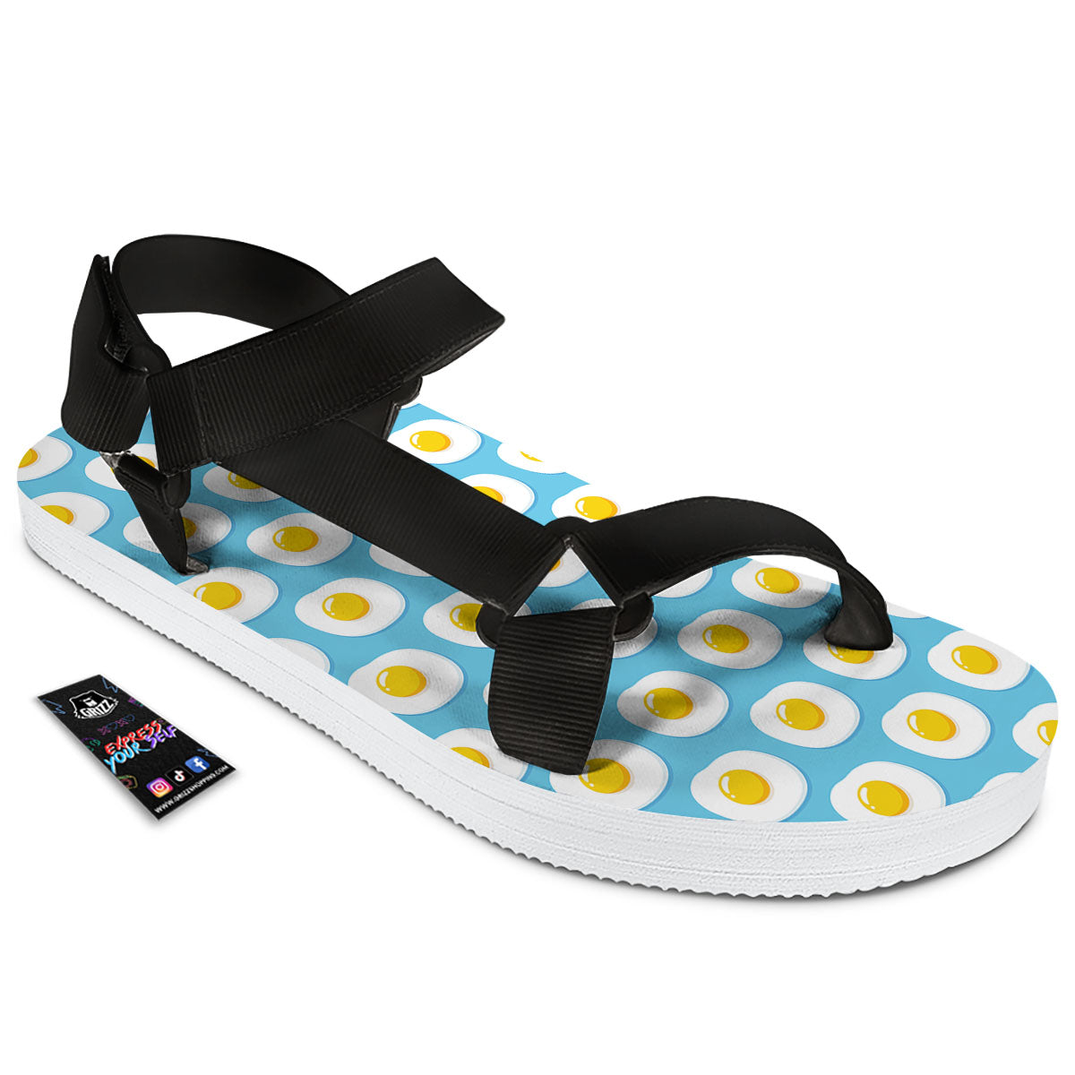 Fried Eggs Blue Print Pattern Black Open Toe Sandals-grizzshop