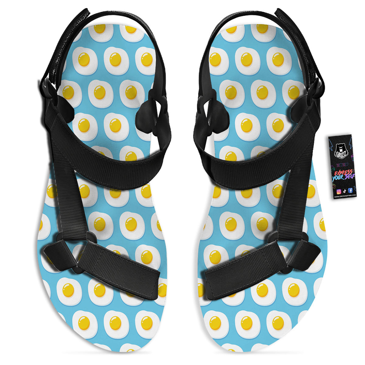 Fried Eggs Blue Print Pattern Black Open Toe Sandals-grizzshop