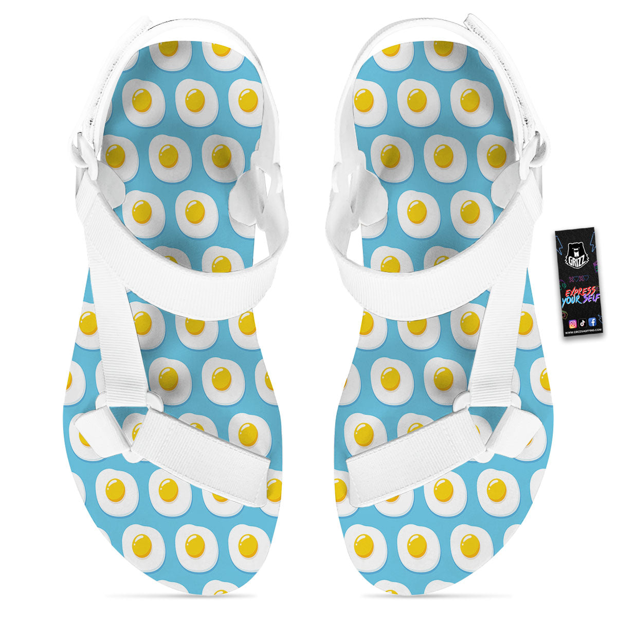 Fried Eggs Blue Print Pattern White Open Toe Sandals-grizzshop