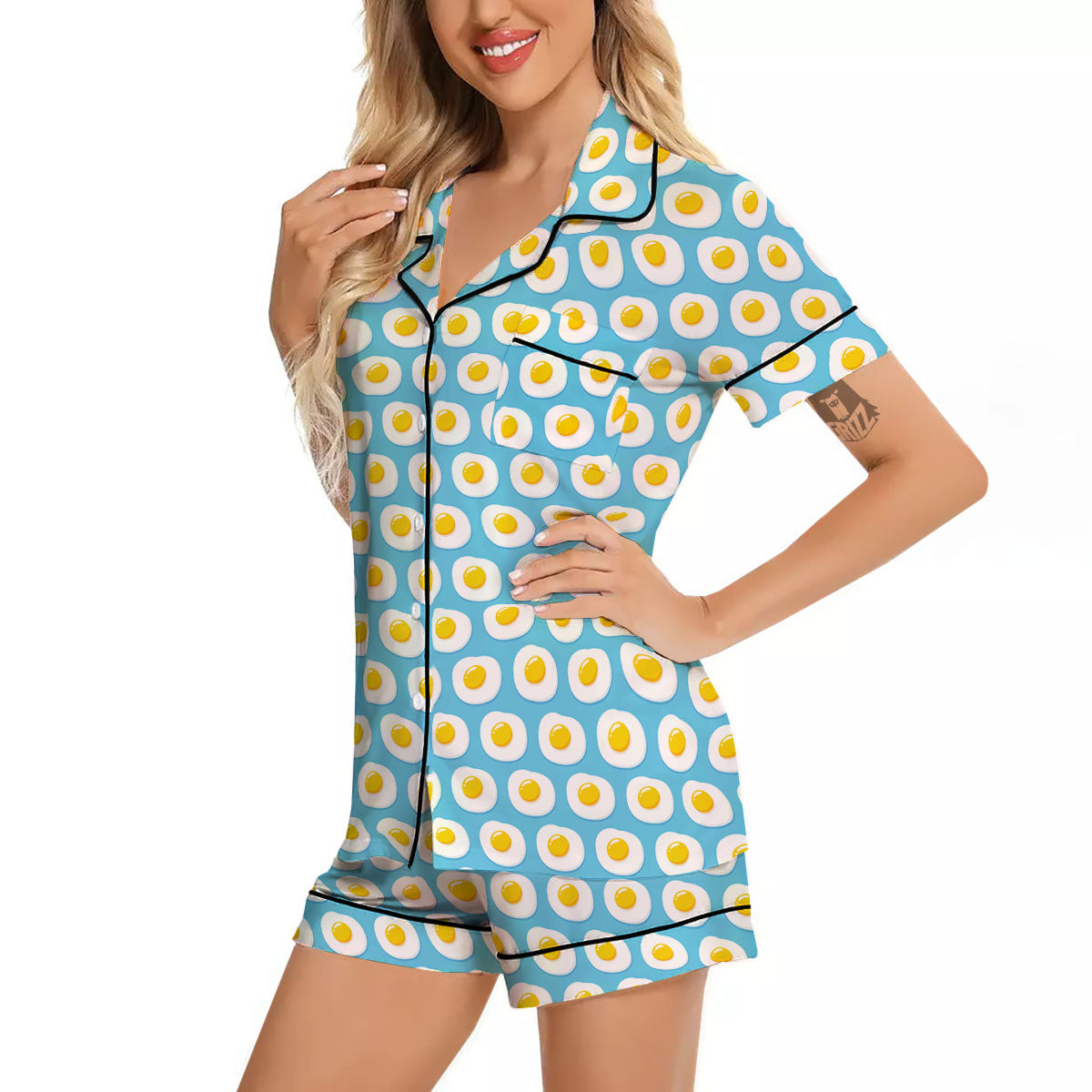 Fried Eggs Blue Print Pattern Women Silk Pajamas-grizzshop