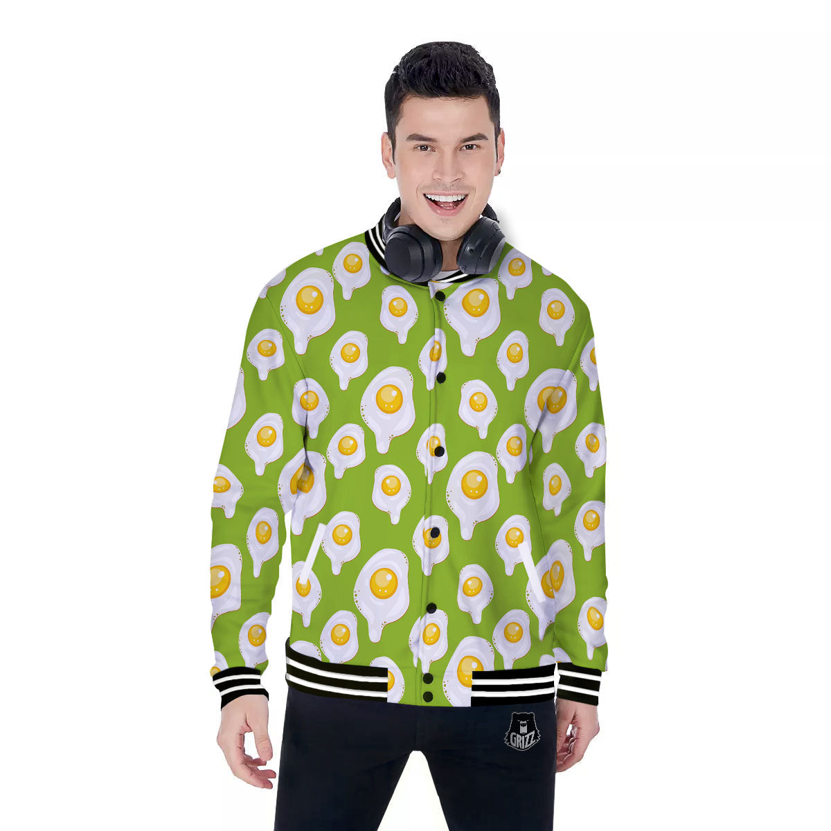 Fried Eggs Lime Green Print Pattern Baseball Jacket-grizzshop