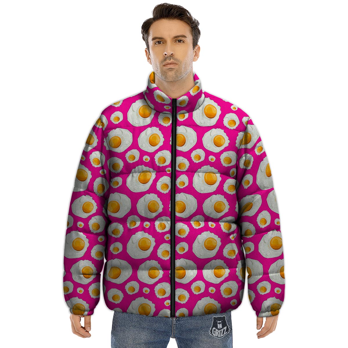 Fried Eggs Pink Print Pattern Puffer Jacket-grizzshop